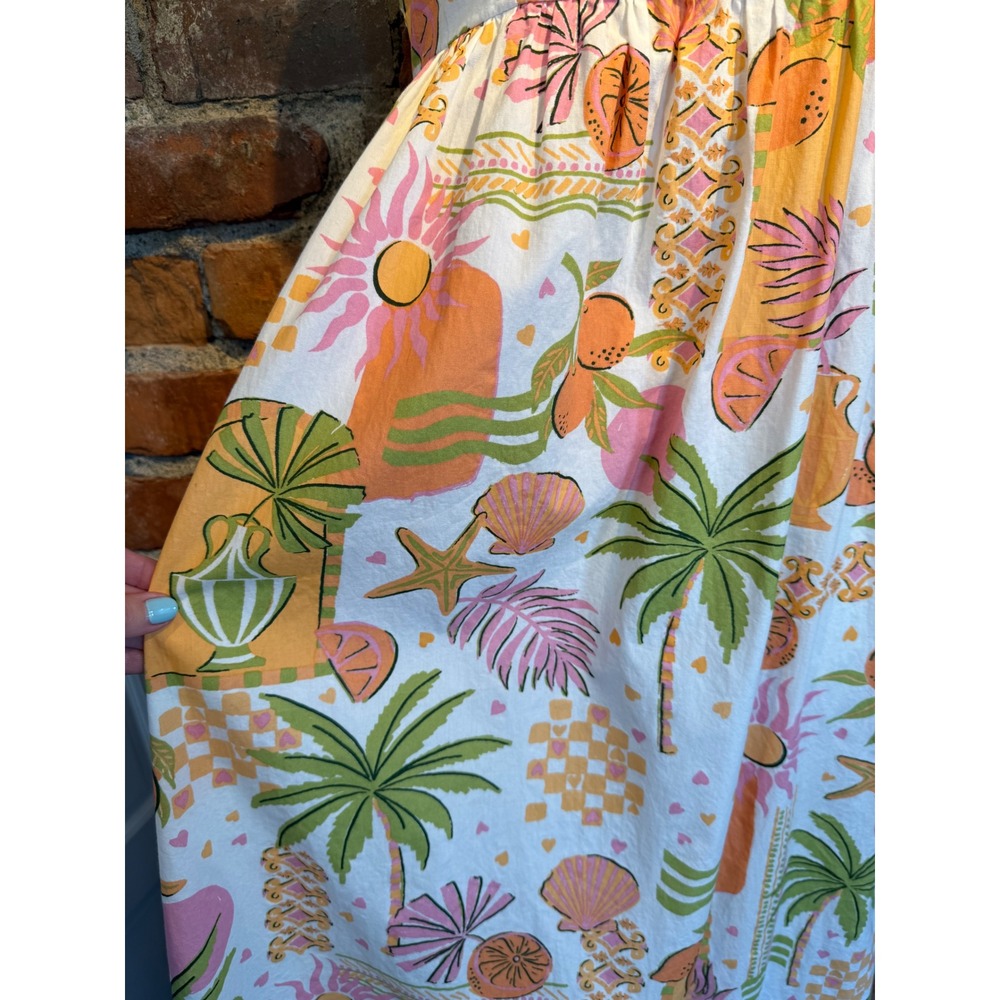 Japna Tropical Cotton Maxi Dress XS Orange Pink Palm Tree Shell Print Smocked - Picture 3 of 7